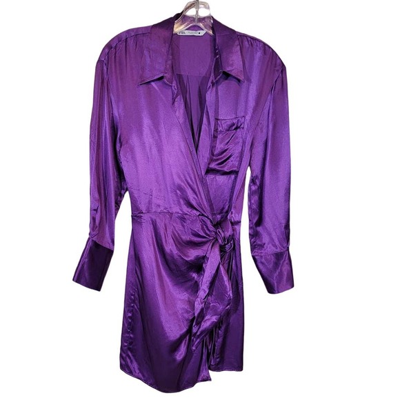 Zara Dresses & Skirts - Zara Women's Size Small Satin Effect Wrap Dress Cocktail Purple Gold Buttons